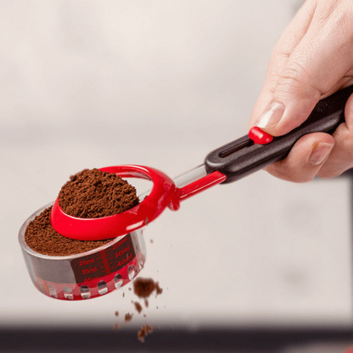 Justerbar sort og rød måleske til kaffeelskere, hjælper med præcis måling af pulveriserede ingredienser.