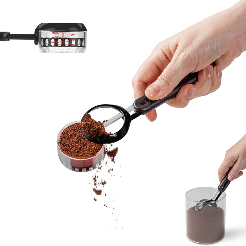 Justerbar sort og rød måleske til kaffeelskere, hjælper med præcis måling af pulveriserede ingredienser.