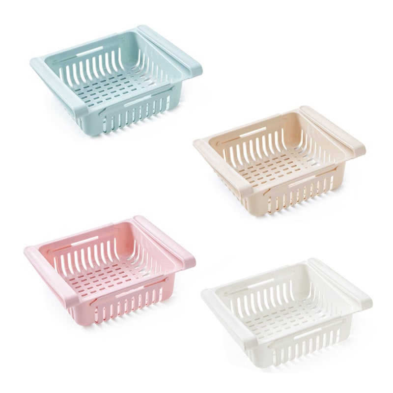 Justerbar pastelfarvet køleskabsopbevaringsrist i lyserød, moderne design, optimerer pladsen.