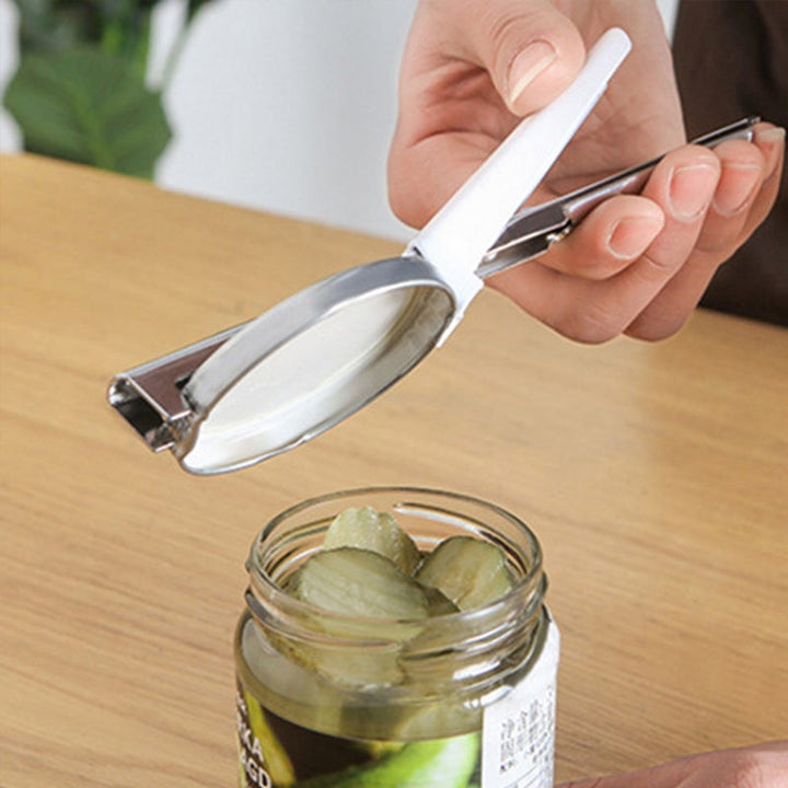 Justerbar dåseåbner i rustfrit stål, kompakt design, passer til forskellige størrelser dåser, robust og holdbar.