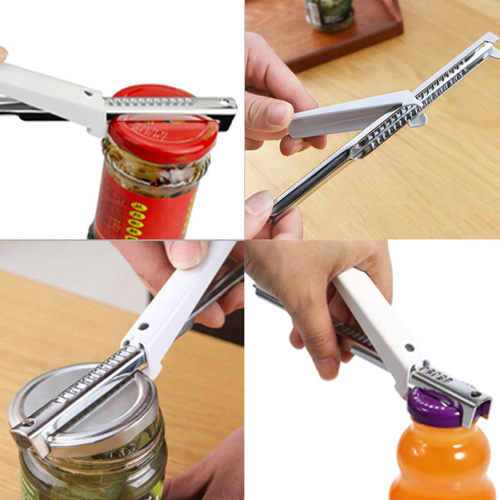 Justerbar dåseåbner i rustfrit stål, kompakt design, passer til forskellige størrelser dåser, robust og holdbar.