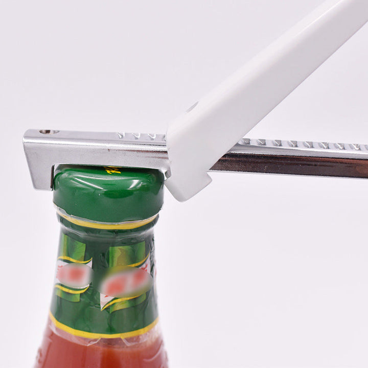 Justerbar dåseåbner i rustfrit stål, kompakt design, passer til forskellige størrelser dåser, robust og holdbar.