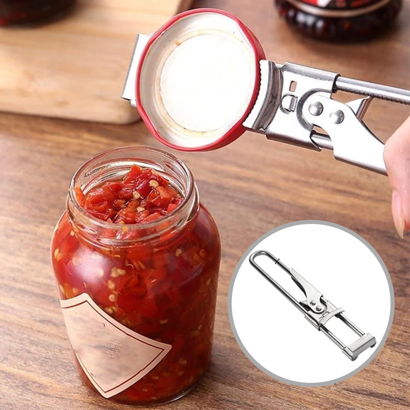 Justerbar dåseåbner i rustfrit stål, sølvfarvet, 19x3,3 cm, ergonomisk og holdbart udseende.