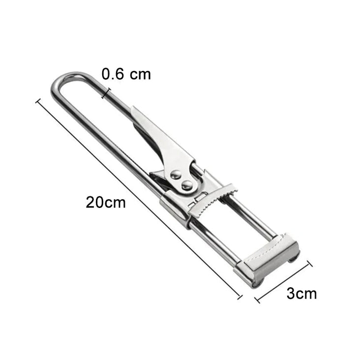 Justerbar dåseåbner i rustfrit stål, sølvfarvet, 19x3,3 cm, ergonomisk og holdbart udseende.
