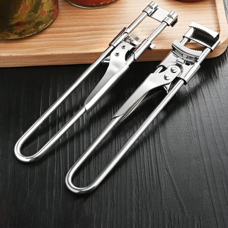 Justerbar dåseåbner i rustfrit stål, sølvfarvet, 19x3,3 cm, ergonomisk og holdbart udseende.