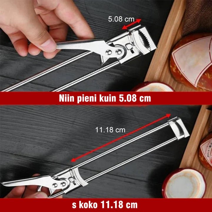 Justerbar dåseåbner i rustfrit stål, sølvfarvet, 19x3,3 cm, ergonomisk og holdbart udseende.