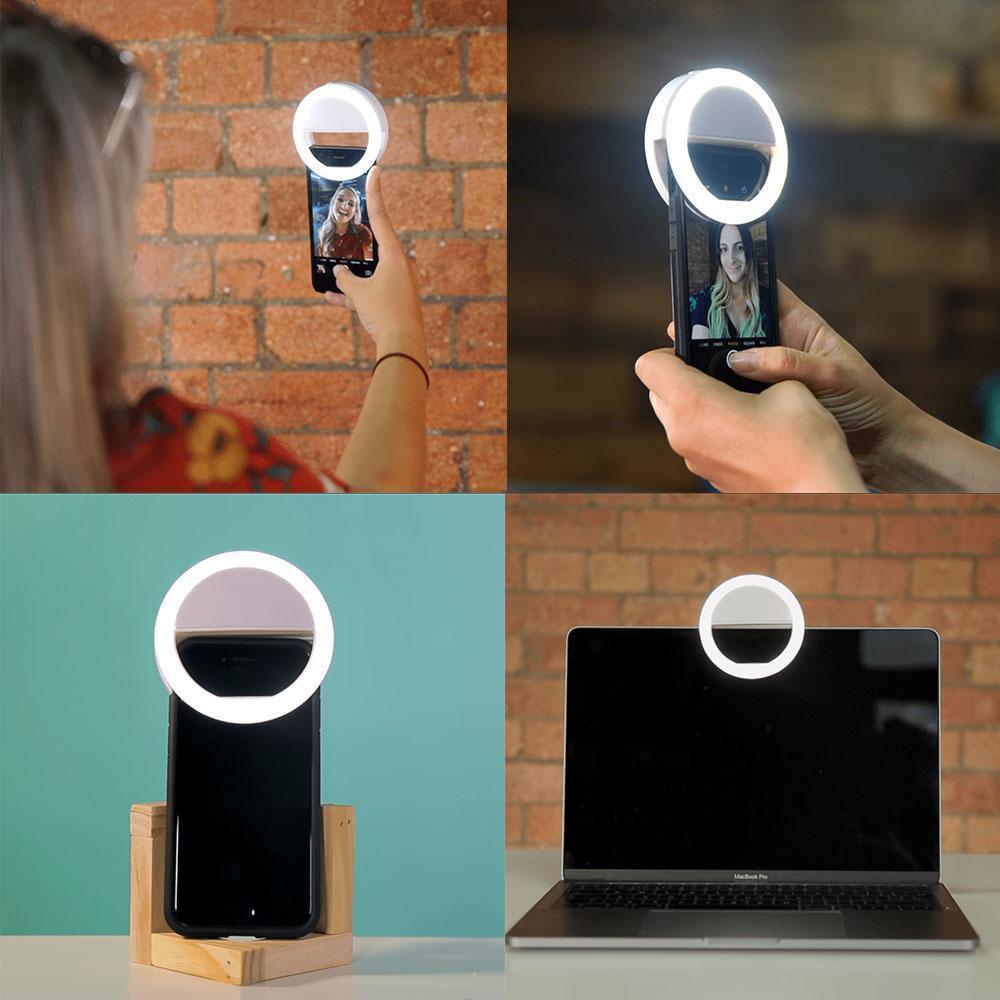 Justerbart selfie-lys monteret på telefonen, klar LED-belysning skaber perfekt belysning til selfies.