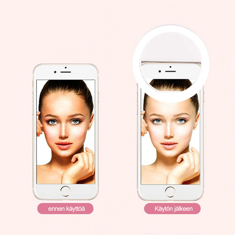 Justerbart selfie-lys monteret på telefonen, klar LED-belysning skaber perfekt belysning til selfies.