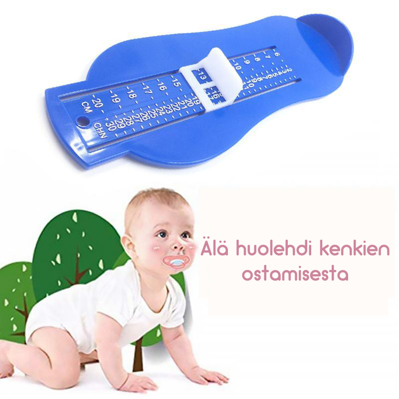 Justerbar babyfodmåler, gul ABS-plast, kompakt design, præcist og brugervenligt måleværktøj.