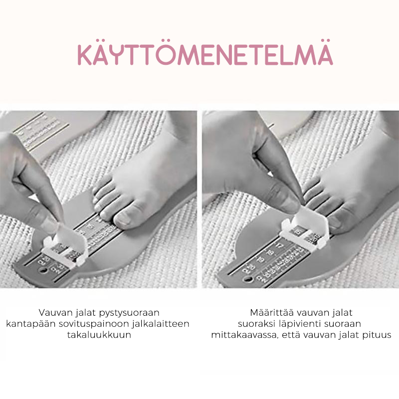 Justerbar babyfodmåler, gul ABS-plast, kompakt design, præcist og brugervenligt måleværktøj.