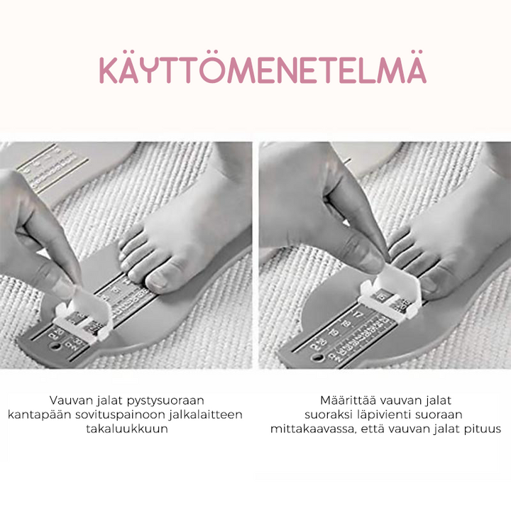 Justerbar babyfodmåler, gul ABS-plast, kompakt design, præcist og brugervenligt måleværktøj.