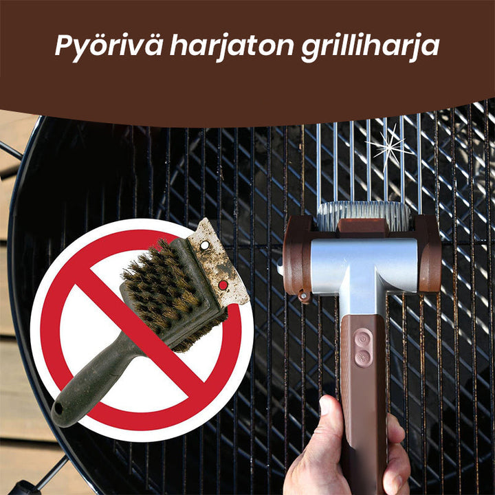 Elektrisk grillrenser uden børster med LED, brun stålkonstruktion og trådløst design til rengøring af grill.