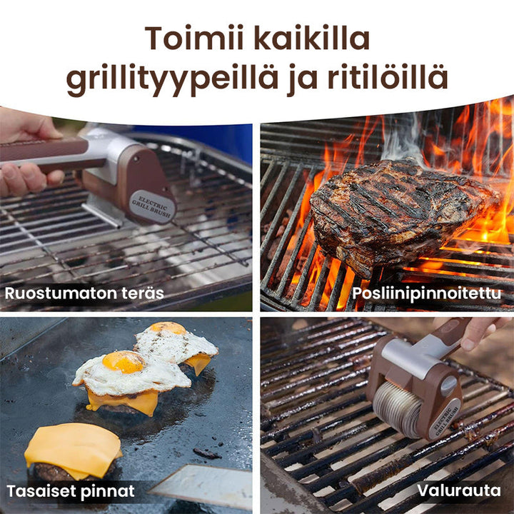 Elektrisk grillrenser uden børster med LED, brun stålkonstruktion og trådløst design til rengøring af grill.