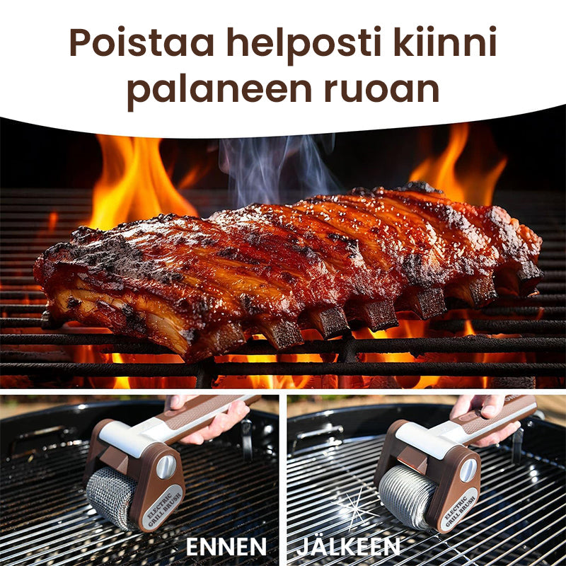 Elektrisk grillrenser uden børster med LED, brun stålkonstruktion og trådløst design til rengøring af grill.