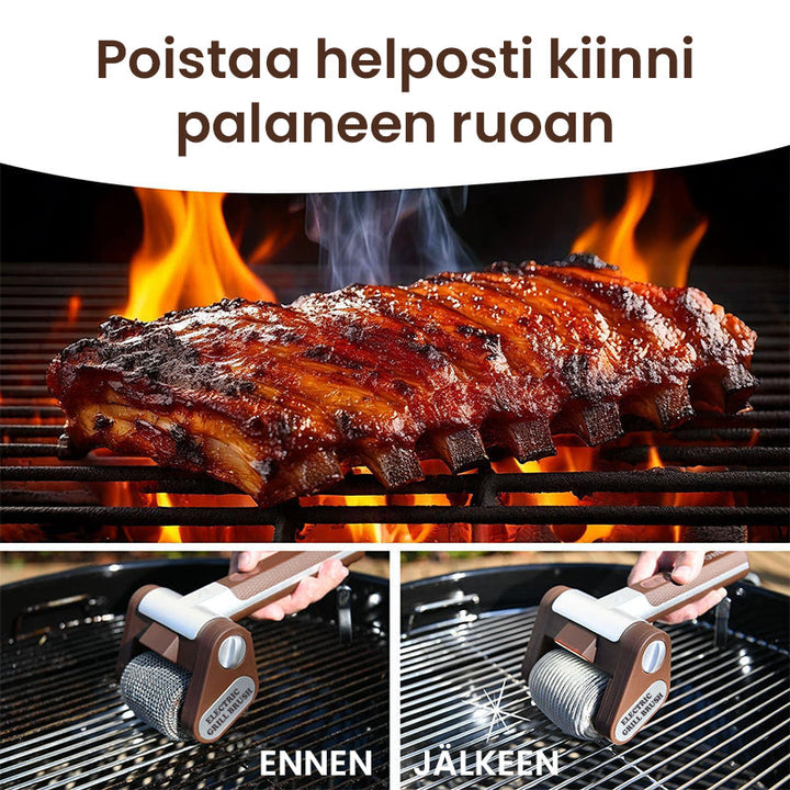 Elektrisk grillrenser uden børster med LED, brun stålkonstruktion og trådløst design til rengøring af grill.