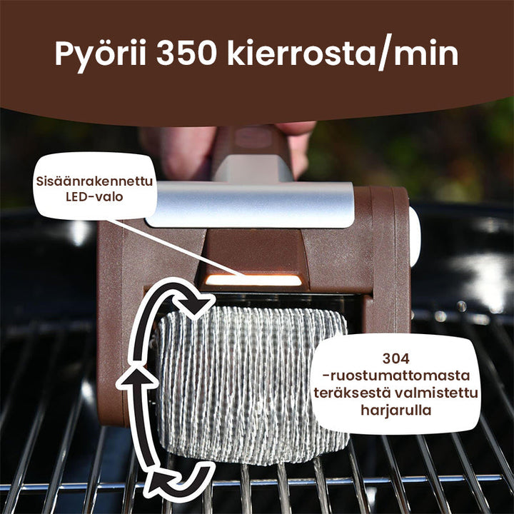 Elektrisk grillrenser uden børster med LED, brun stålkonstruktion og trådløst design til rengøring af grill.