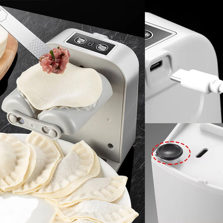 Elektrisk dumplingsmaskine, hvid, innovativ og kompakt design, laver dumplings automatisk og nemt.