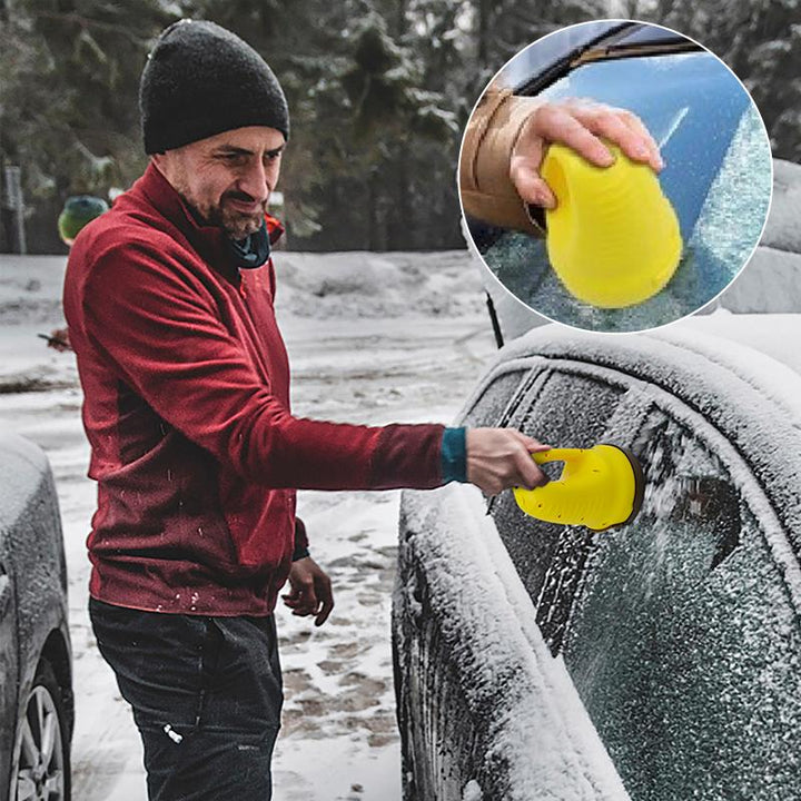 "Sähkökäyttöinen jääskrapa, kompakti ABS, harmaa/keltainen, poistaa jäätä tehokkaasti auton ikkunoista, helppo kuljettaa."