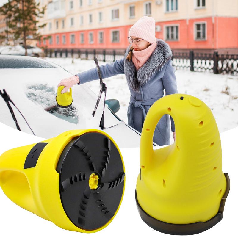 "Sähkökäyttöinen jääskrapa, kompakti ABS, harmaa/keltainen, poistaa jäätä tehokkaasti auton ikkunoista, helppo kuljettaa."
