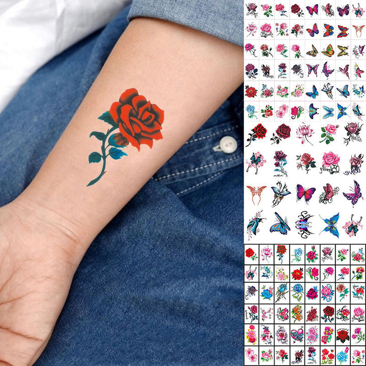 Glitrende 3D-overføringstatoveringer med blomster- og sommerfugltema, tilbehør, fargerike og detaljerte mønstre på huden.
