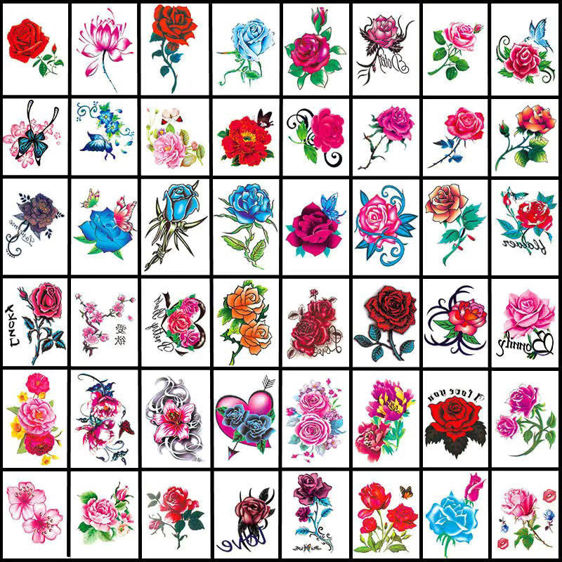 Glitrende 3D-overføringstatoveringer med blomster- og sommerfugltema, tilbehør, fargerike og detaljerte mønstre på huden.