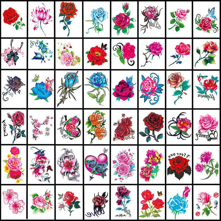 Glitrende 3D-overføringstatoveringer med blomster- og sommerfugltema, tilbehør, fargerike og detaljerte mønstre på huden.