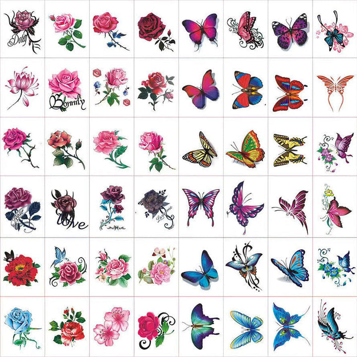 Glitrende 3D-overføringstatoveringer med blomster- og sommerfugltema, tilbehør, fargerike og detaljerte mønstre på huden.