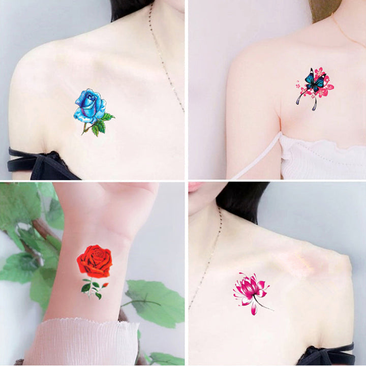 Glitrende 3D-overføringstatoveringer med blomster- og sommerfugltema, tilbehør, fargerike og detaljerte mønstre på huden.