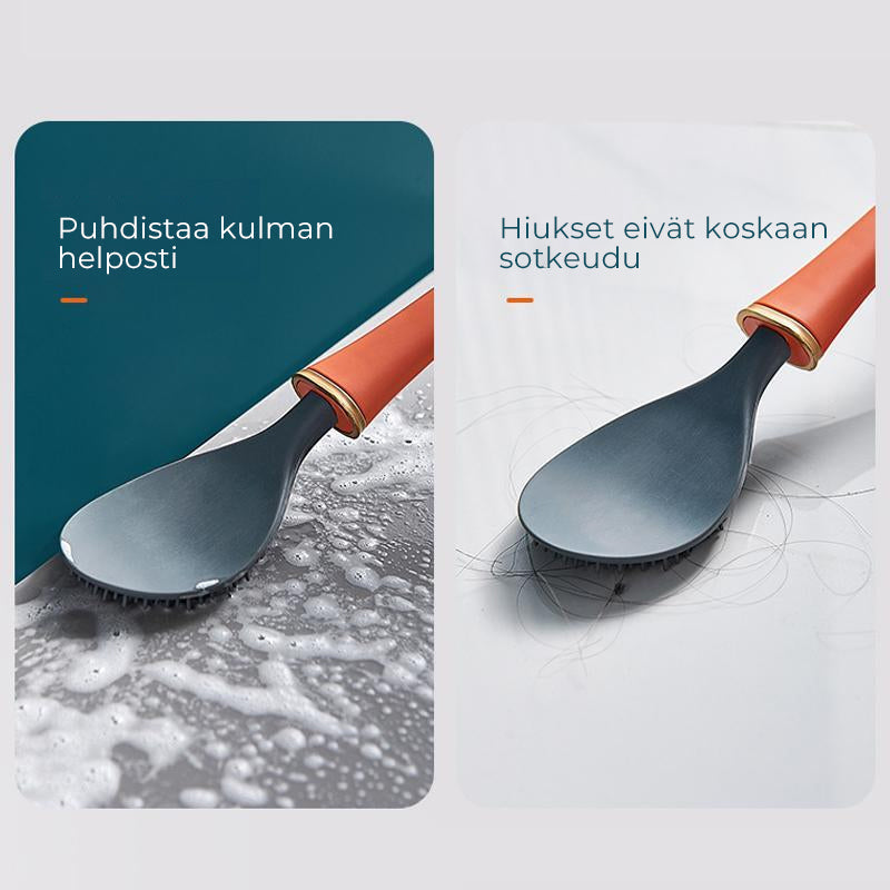 Silikonebørste til toilet med vægbeslag, blå, moderne design, pladsbesparende og hygiejnisk i brug.