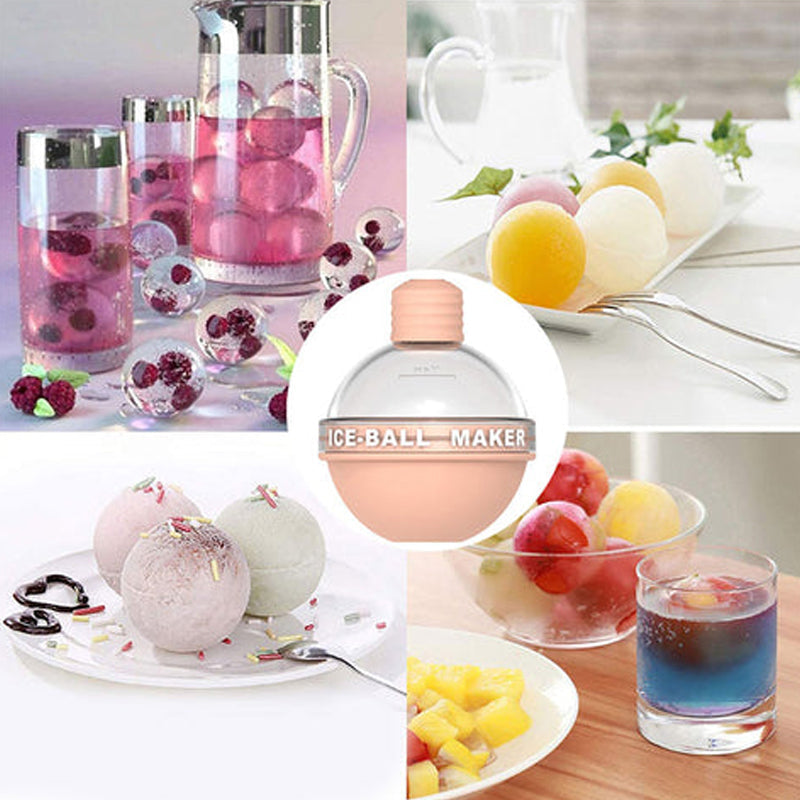 Silikone isterningbakke til runde isterninger i gul, blå, pink og lilla. Laver perfekte isterninger til drikkevarer.