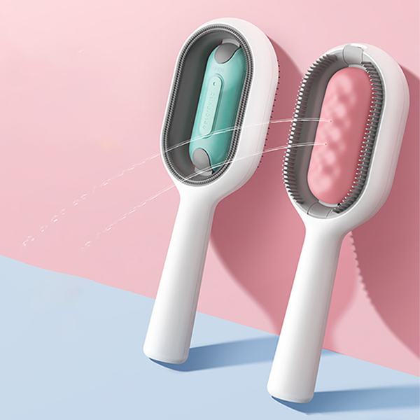 Blå/lyserød kæledyrshårfjerner med ergonomisk design og vandtank til massage og rengøring.