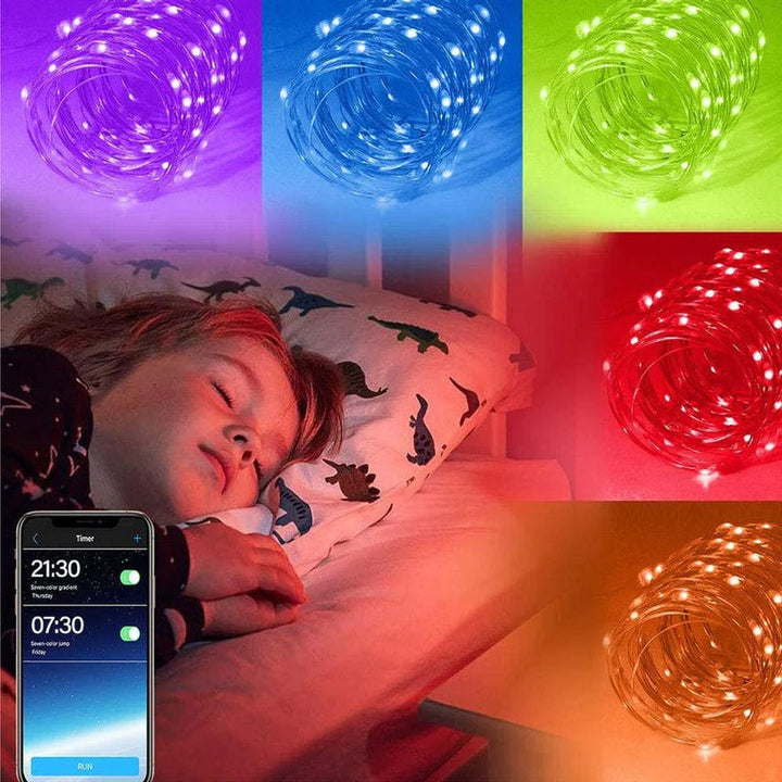 "Sovellusohjattu monivärinen LED jouluvalosarja, jossa kirkkaita ja värikkäitä valoja, IP44-suojattu ulko- ja sisäkäyttöön."