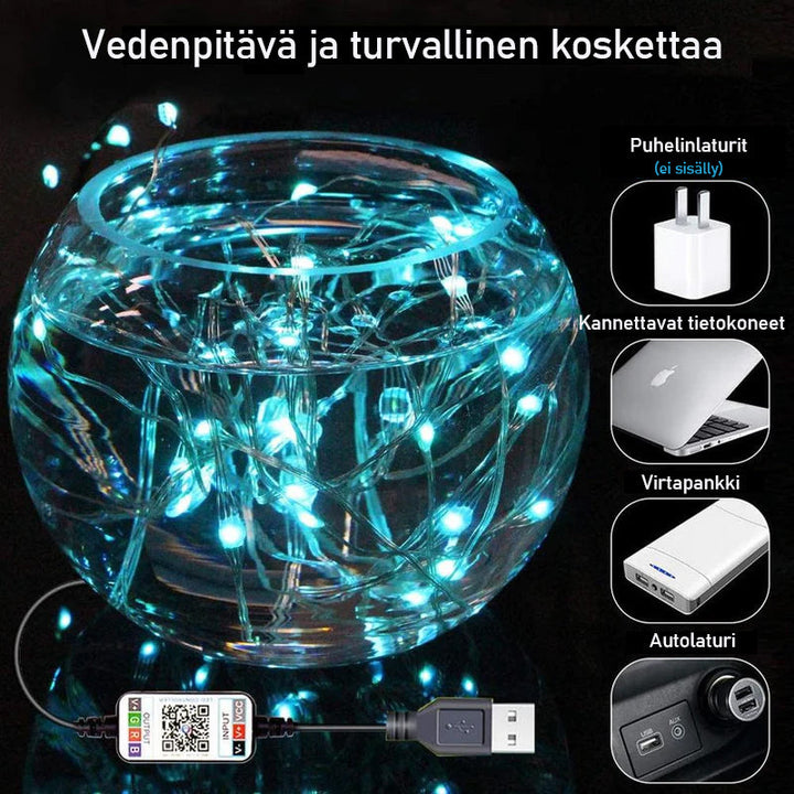 "Sovellusohjattu monivärinen LED jouluvalosarja, jossa kirkkaita ja värikkäitä valoja, IP44-suojattu ulko- ja sisäkäyttöön."