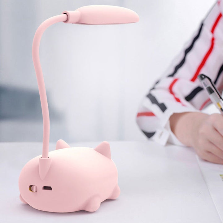 Sød USB bordlampe med katteform, pink, kompakt og genopladelig dekorationslampe til børn og stue.