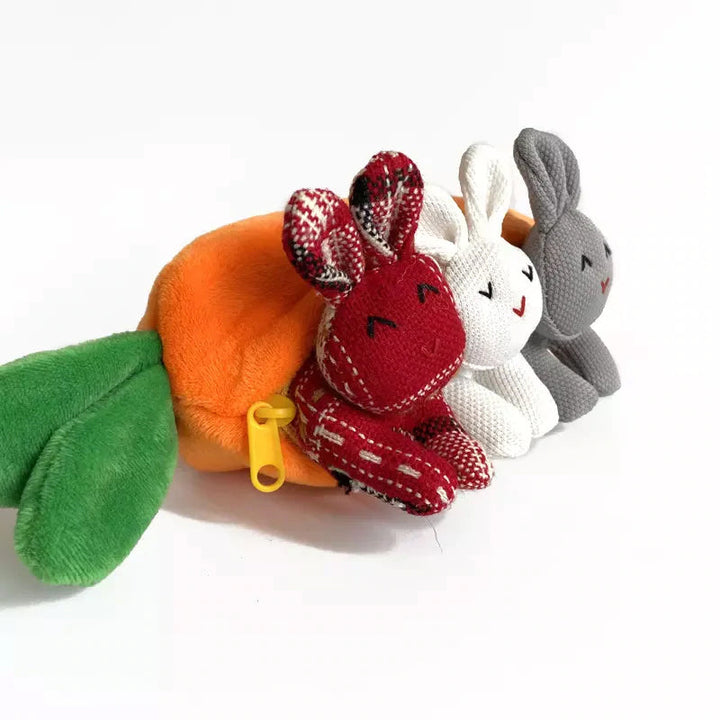 Sød orange gulerodstaske med tre harer, et forårs-accessory til påsken. Bomuldstaske fotograferet forfra.