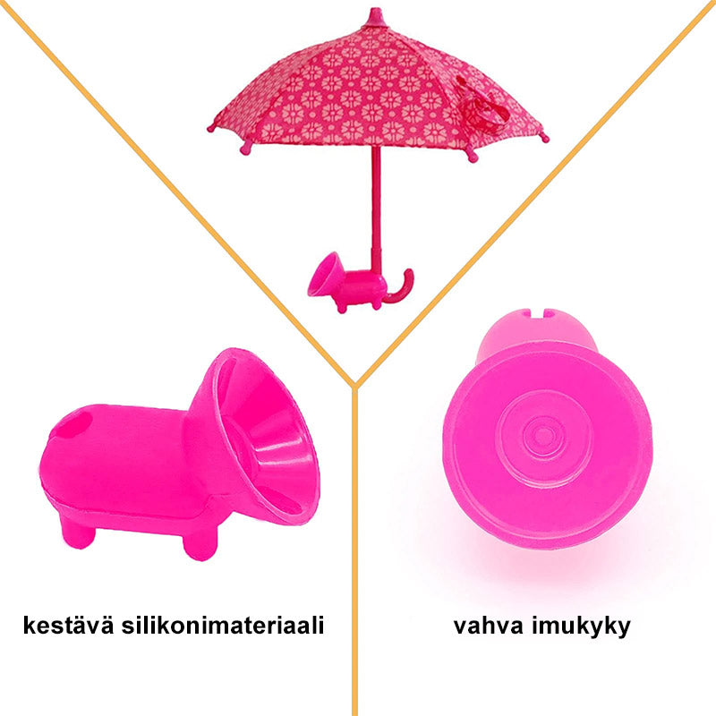 Söpö puhelinpidike, jossa on pieni aurinkovarjo, imukuppikiinnitys ja kirkkaat värit, sopii useimpiin älypuhelimiin.