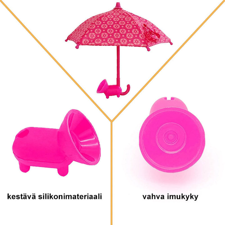 Söpö puhelinpidike, jossa on pieni aurinkovarjo, imukuppikiinnitys ja kirkkaat värit, sopii useimpiin älypuhelimiin.