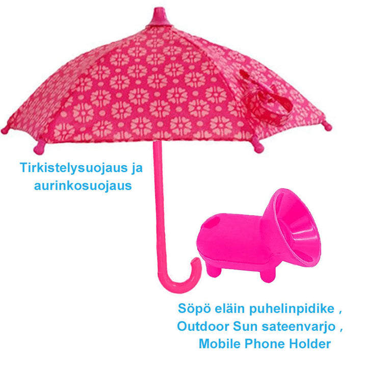 Söpö puhelinpidike, jossa on pieni aurinkovarjo, imukuppikiinnitys ja kirkkaat värit, sopii useimpiin älypuhelimiin.