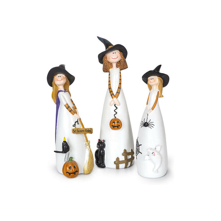 Kunstfærdigt detaljerede Halloween heksedekorationer med høje spidse hatte, en sort kat og et græskar til boligdekoration.