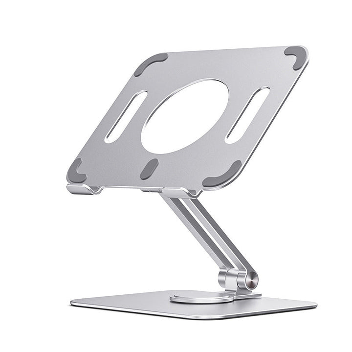Sammenklappelig og drejelig iPad-holder i aluminium, grå, præsenteret på et bord, 360° justerbarhed, ergonomisk design og holdbar.
