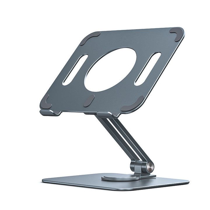 Sammenklappelig og drejelig iPad-holder i aluminium, grå, præsenteret på et bord, 360° justerbarhed, ergonomisk design og holdbar.