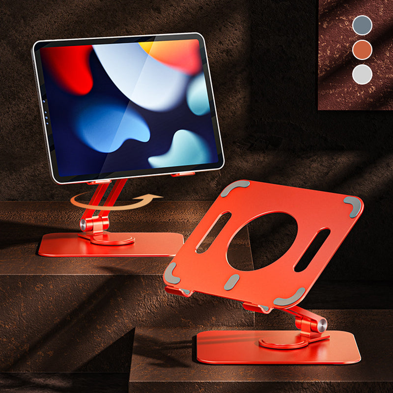 Sammenklappelig og drejelig iPad-holder i aluminium, grå, præsenteret på et bord, 360° justerbarhed, ergonomisk design og holdbar.