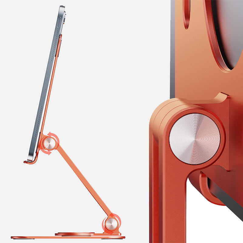 Sammenklappelig og drejelig iPad-holder i aluminium, grå, præsenteret på et bord, 360° justerbarhed, ergonomisk design og holdbar.