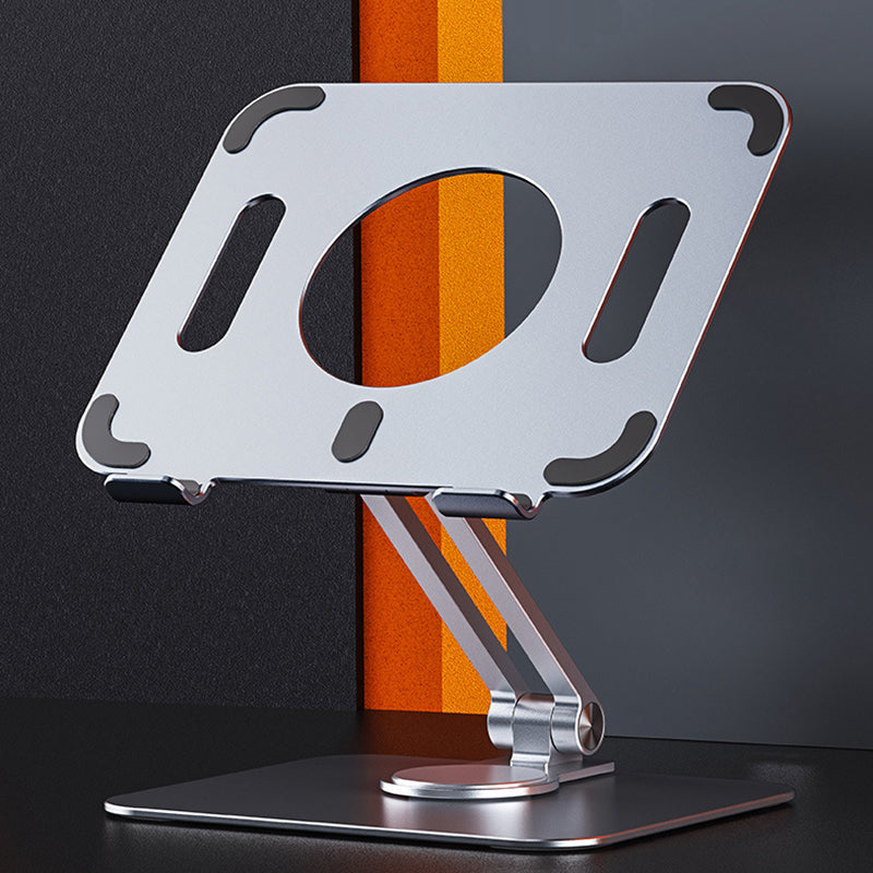 Sammenklappelig og drejelig iPad-holder i aluminium, grå, præsenteret på et bord, 360° justerbarhed, ergonomisk design og holdbar.