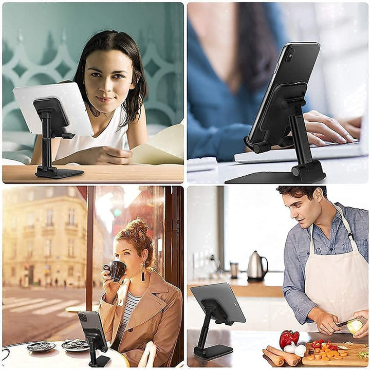 Justerbar og foldbar bordholder til smartphone, sort aluminium, minimalistisk design, velegnet til hjemmet og rejser.