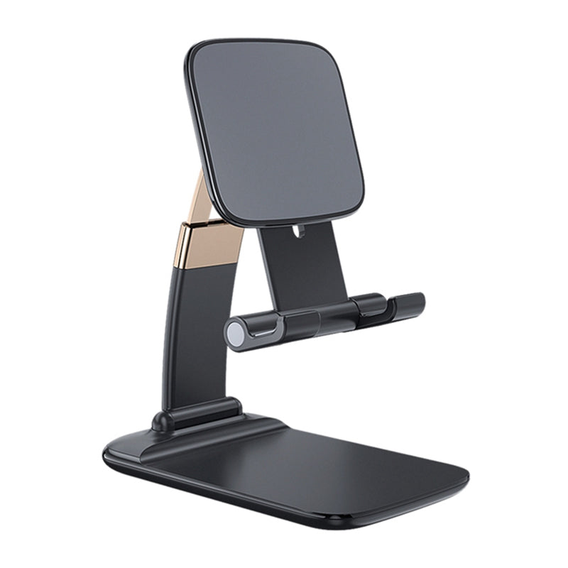 Justerbar og foldbar bordholder til smartphone, sort aluminium, minimalistisk design, velegnet til hjemmet og rejser.