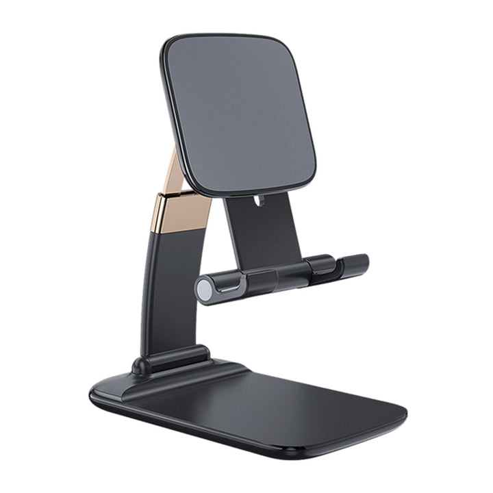 Justerbar og foldbar bordholder til smartphone, sort aluminium, minimalistisk design, velegnet til hjemmet og rejser.