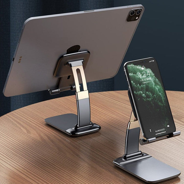 Justerbar og foldbar bordholder til smartphone, sort aluminium, minimalistisk design, velegnet til hjemmet og rejser.