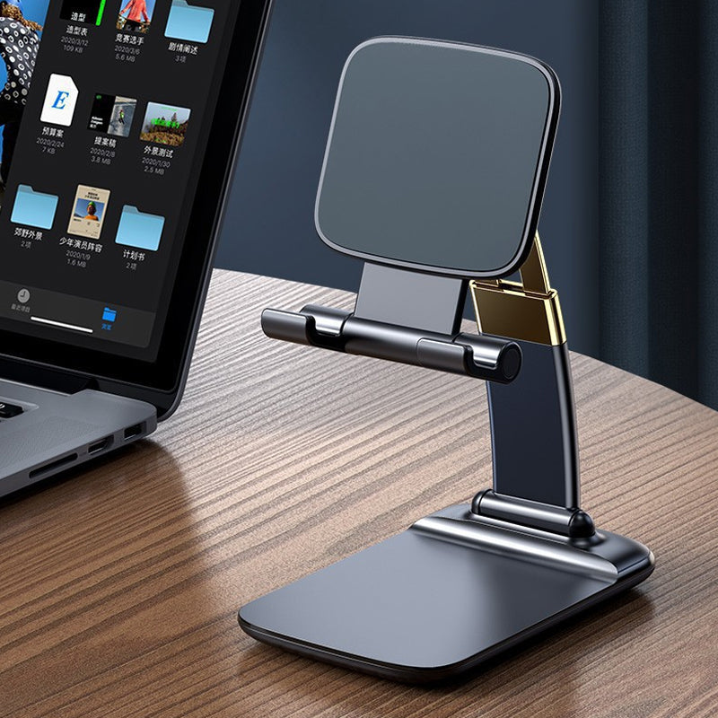 Justerbar og foldbar bordholder til smartphone, sort aluminium, minimalistisk design, velegnet til hjemmet og rejser.