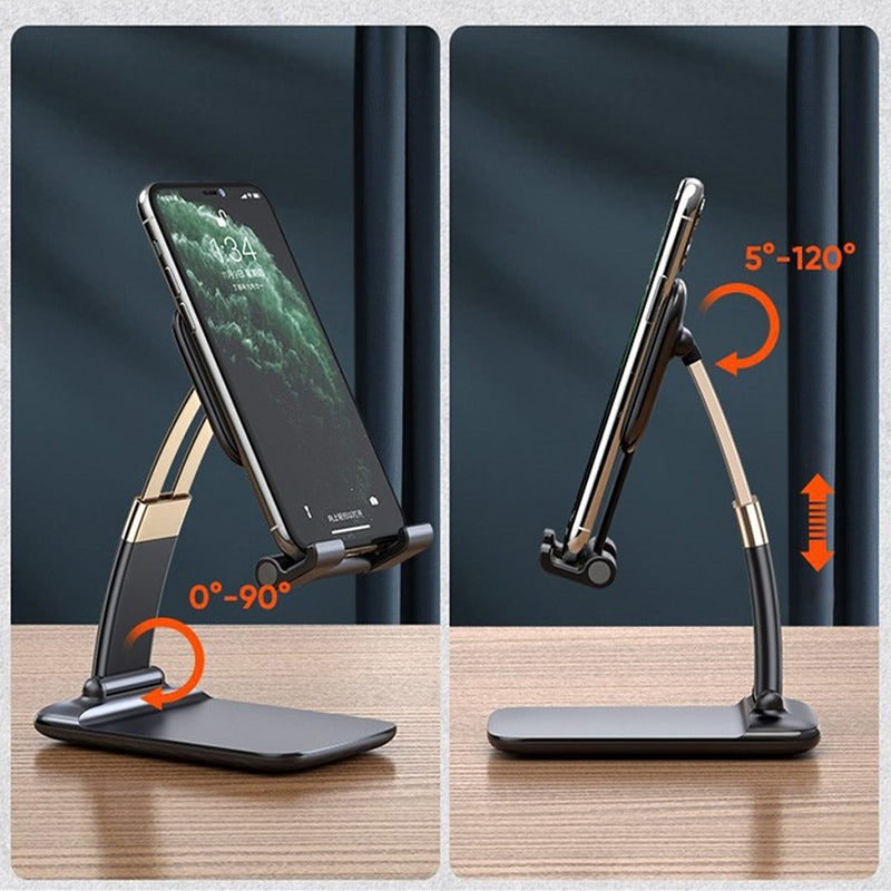 Justerbar og foldbar bordholder til smartphone, sort aluminium, minimalistisk design, velegnet til hjemmet og rejser.